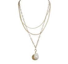 Load image into Gallery viewer, Steel Me Yellow Gold Triple Chain &amp; Pearl Necklace
