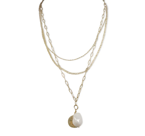 Steel Me Yellow Gold Triple Chain & Pearl Necklace